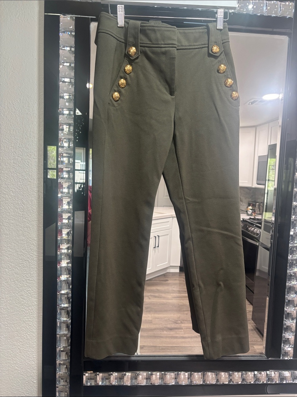 White House Black Market Olive Green Straight-Leg Pants with Gold Buttons